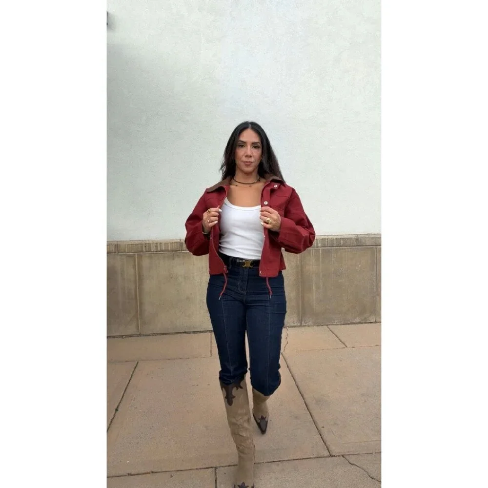 Cropped Zip-Up Bomber Jacket Lightweight Cotton Oversized Casual
